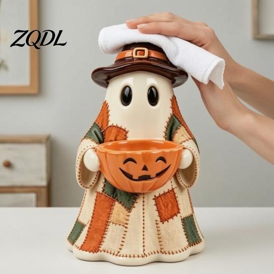 Festive Home Accents for Autumn Patchwork Ghost Halloween Decor, Resin Spooky Statue Holding Candy Living Room Bowl, Cute Tabletop Decor Office Party