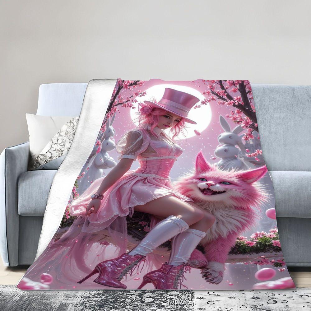 Whimsical Pink Wonderland Throw Blanket - Soft Cozy Fleece Featuring Enchanting Pink-Haired Woman, Fluffy Pink Cat, And Cherry B