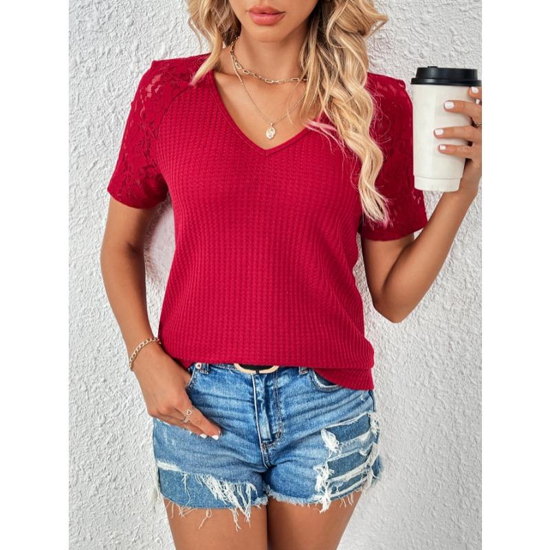 Summer Short Sleeve Hollow Lace V-neck Women Blouse Loose Casual T-shirt Short Sleeved Office Top Loose Fashion Elegant Solid Color Shirt Clothing