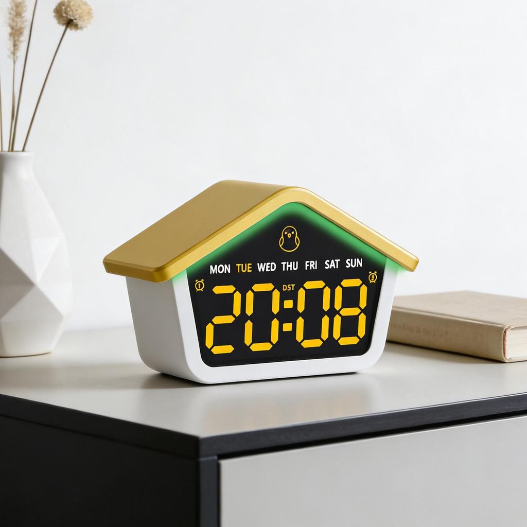 LED Digital Alarm Clock House Shaped Week Date Brightness Adjustment 2 Alarms Silent DST Snooze Table Clock with Ambient Light