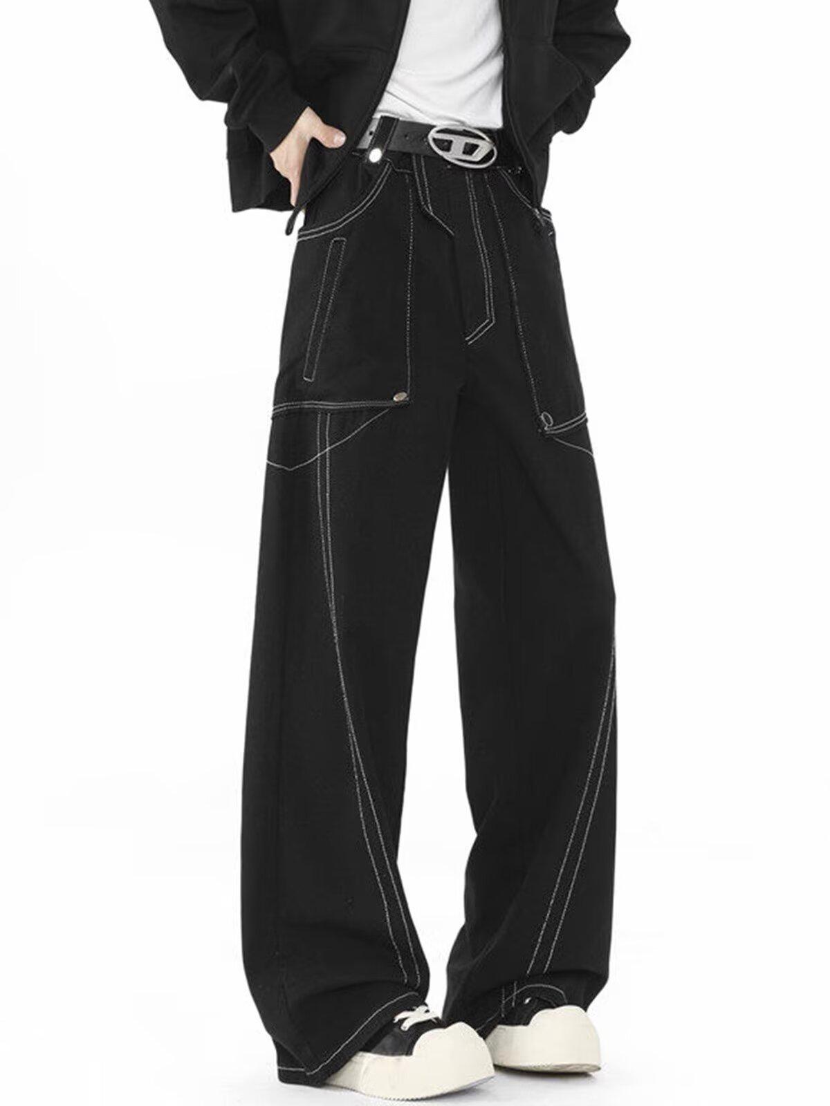 

Дизайн с открытой строчкой джинсы мужские весна и осень новый американский ретро тренд свободные и тонкие прямые широкие брюки S