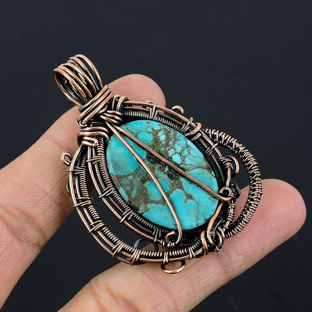 Tibetan Turquoise Pendant, 999 Copper Wire Wrapped Gemstone Jewelry, Handmade Pendant, For Thanksgiving