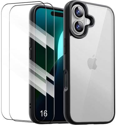 Case + 2 Tempered Glasses for iPhone 16, Scratch-Resistant Protection Transparent Hard Back Black Frame