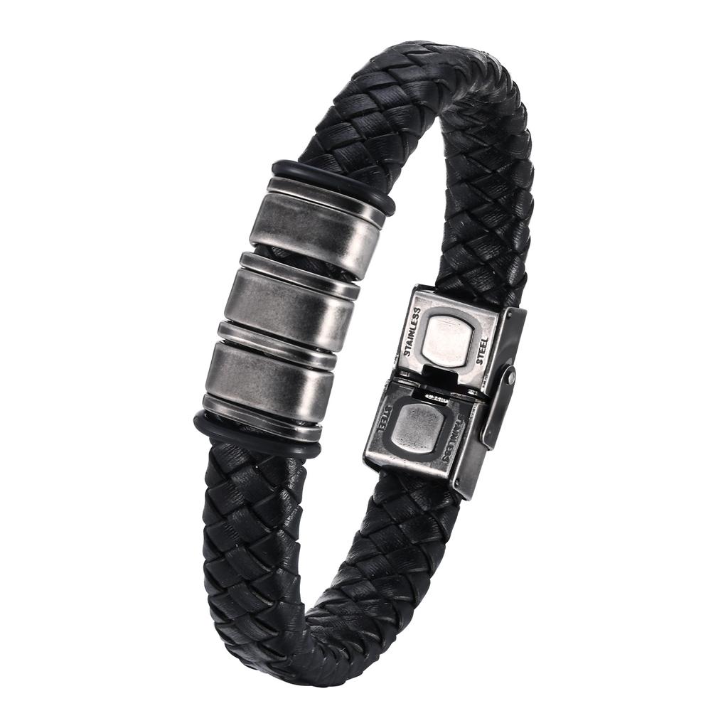 Vnox Free Personalized Family Names Stainless Steel Beads Bracelets Gift for Dad Grandpa, Mens Leather Wristband,Christmas Gift
