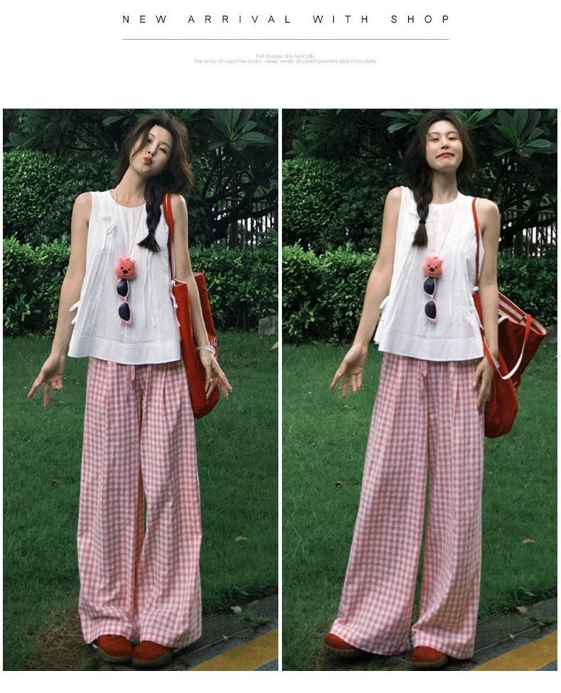 Petite Women's Blue Plaid High Waist Elastic Summer Pants - Yamamoto Drape Casual Straight Wide Leg 