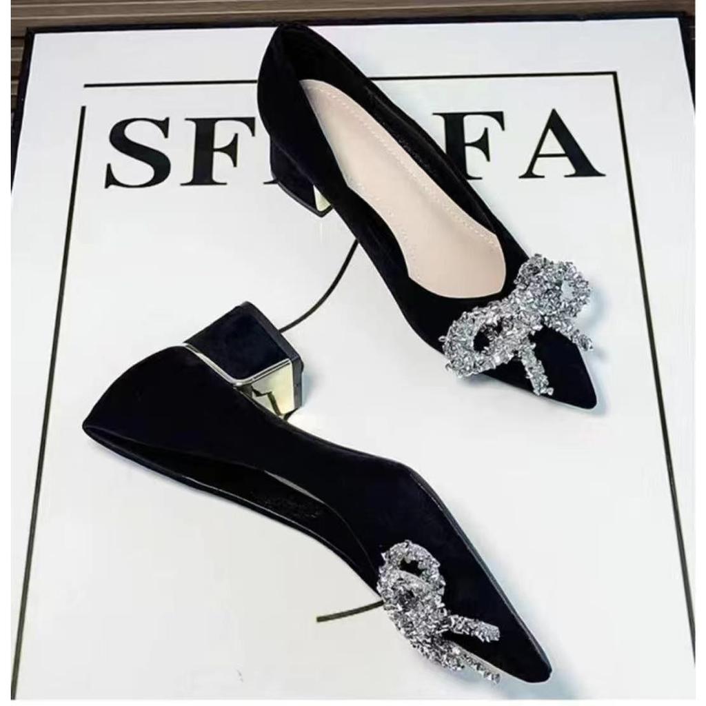 Pointed Black Thick Heel High Heels Women's New Spring and Summer Bow Temperament Professional French Suede Shoes