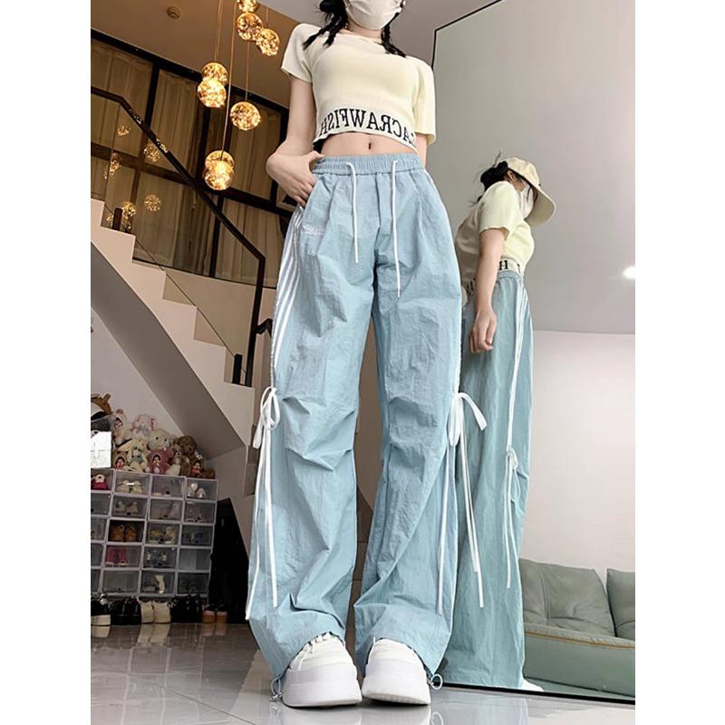 

Летние быстросохнущие повседневные брюки Dopamine Bow, повседневные рабочие брюки, свободные американские широкие брюки с высокой талией, женские L синий