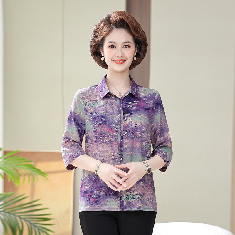 

2026 Spring/Summer Chinese Style 3/4 Sleeve Loose Top for Middle-aged & Elderly Women L (80-100 jin) фиолетовый
