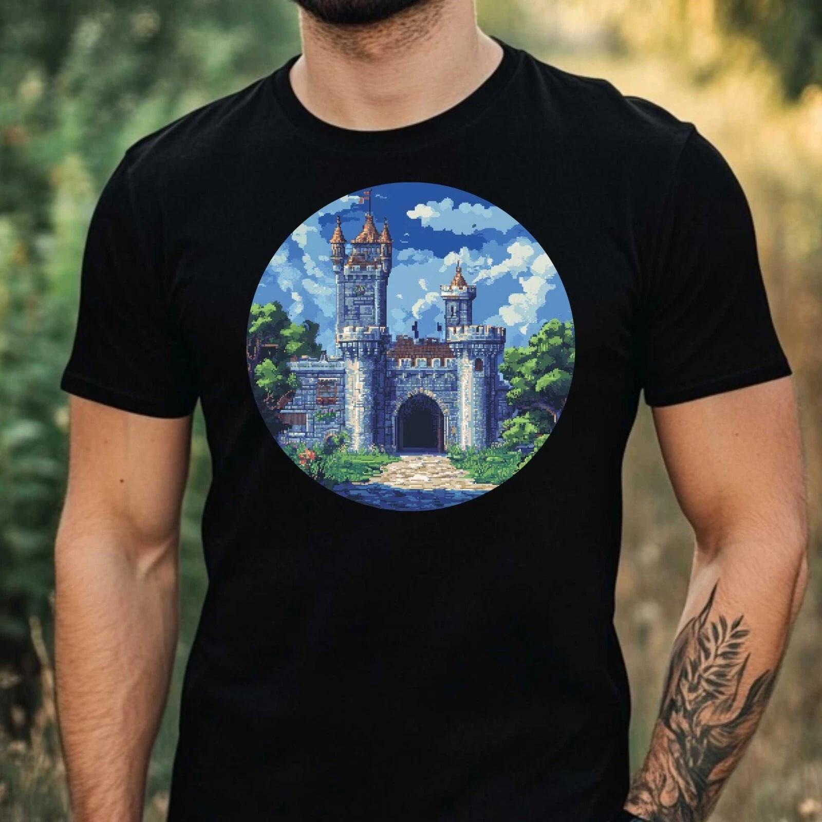T-Shirt Herren Burg Pixel Art Motiv Baumwolle Größe XS bis 5XL L