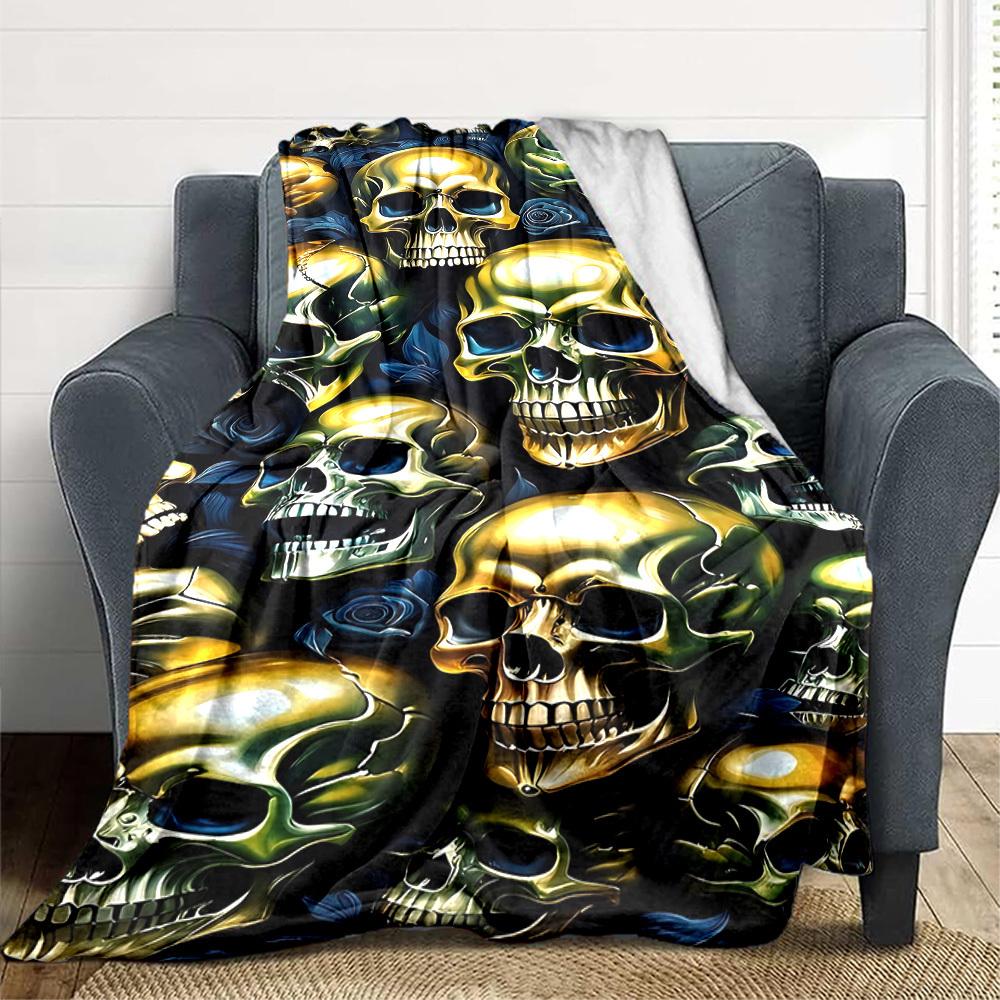 1pc Skulls Roses Blanket, Lightweight Flannel Throw Blanket For Sofa, Bed, Travel, Camping, Living Room, Office, Couch, Chair, And Bed