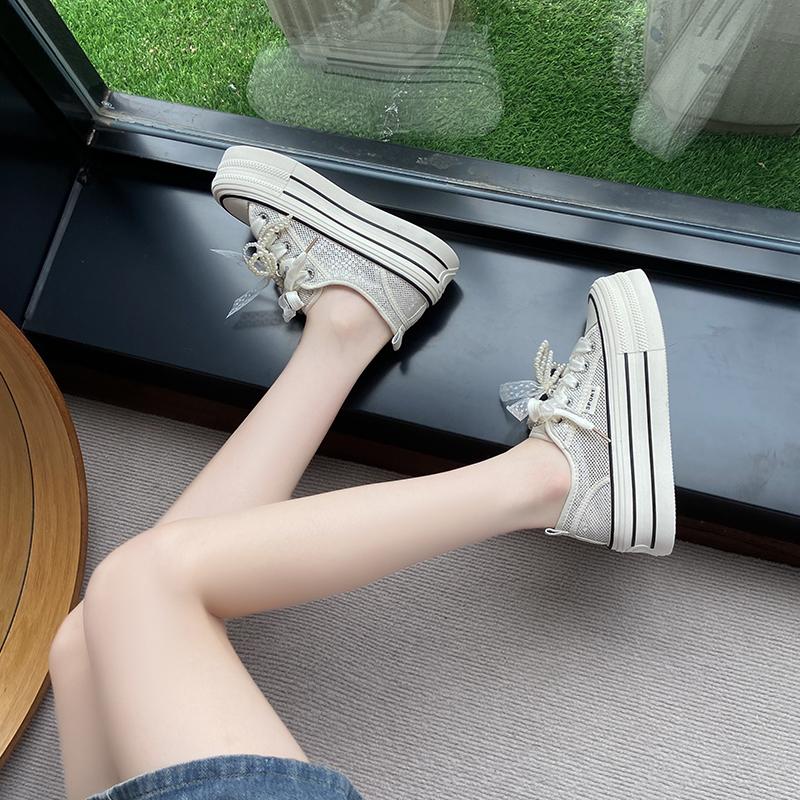 Fashion CRLAYDK Fashion Platform Mesh Shoes for Women Lace Pearl Casual Sneakers Ladies Lace Up Sports Walking Breathable Tennis