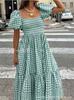 Women's Square Neck Gingham Midi Dress Puff Short Sleeve Elastic Waist Ruffled Hem Summer Beach Long Dress