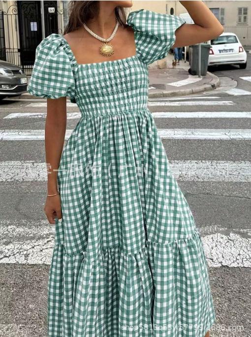 Women's Square Neck Gingham Midi Dress Puff Short Sleeve Elastic Waist Ruffled Hem Summer Beach Long Dress