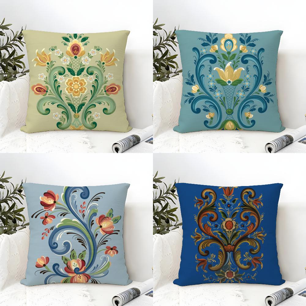 Norwegian Rosemaling Pillow Case Cotton Linen Fabric Square Zipper Pillowcase Home Decorative Living Room