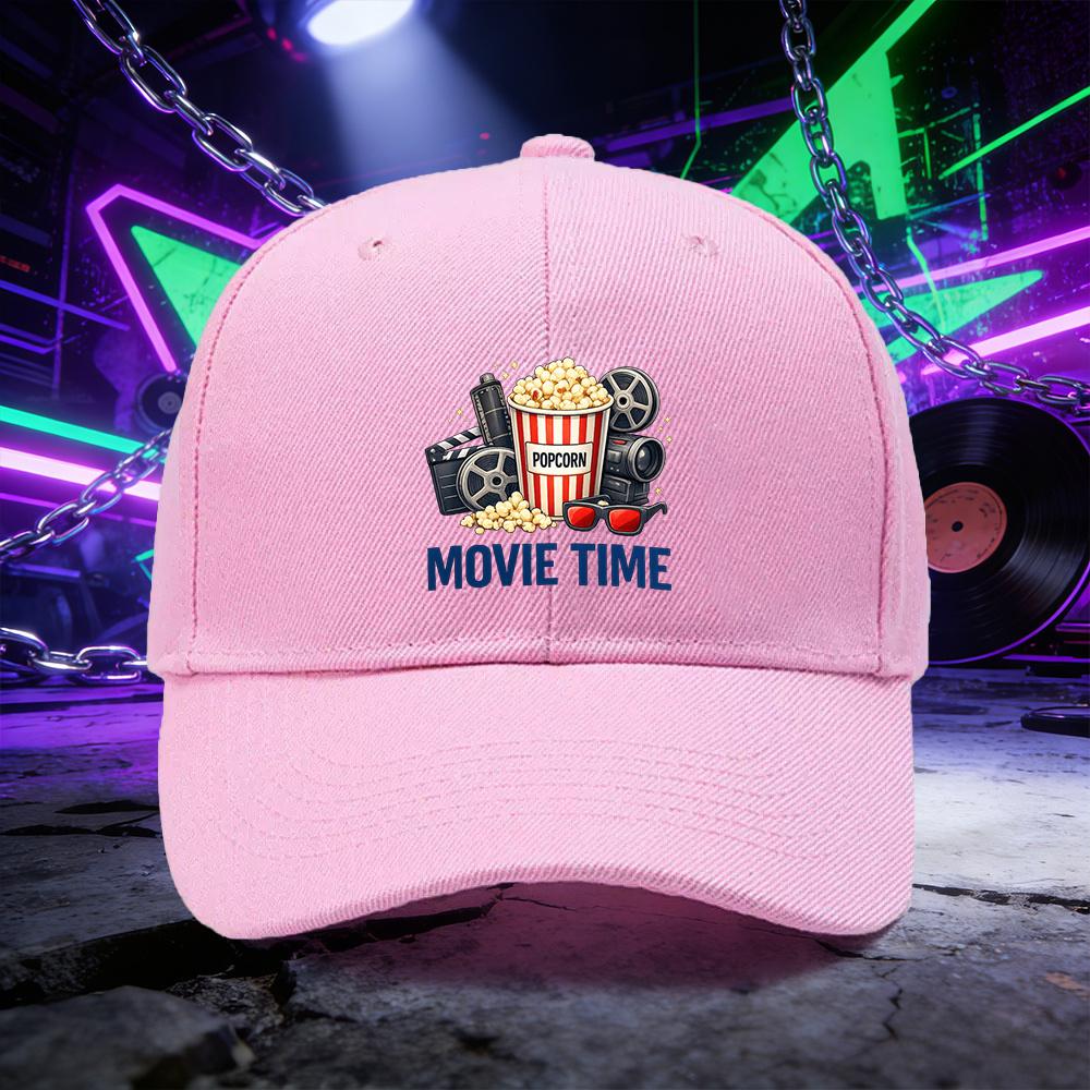 A Baseball Cap Featuring the MOVIE TIME Popcorn Design a Unisex Outdoor Sports Sun Hat Suitable for Couples Available In Mul