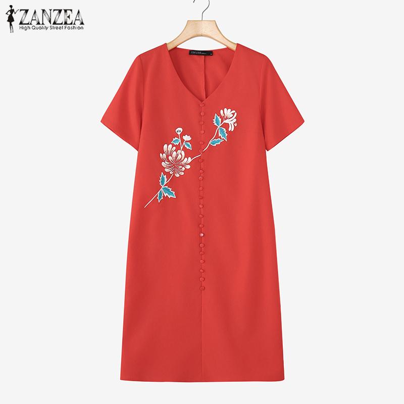 ZANZEA Women Casual V-Neck Short Sleeve Loose Print Dress