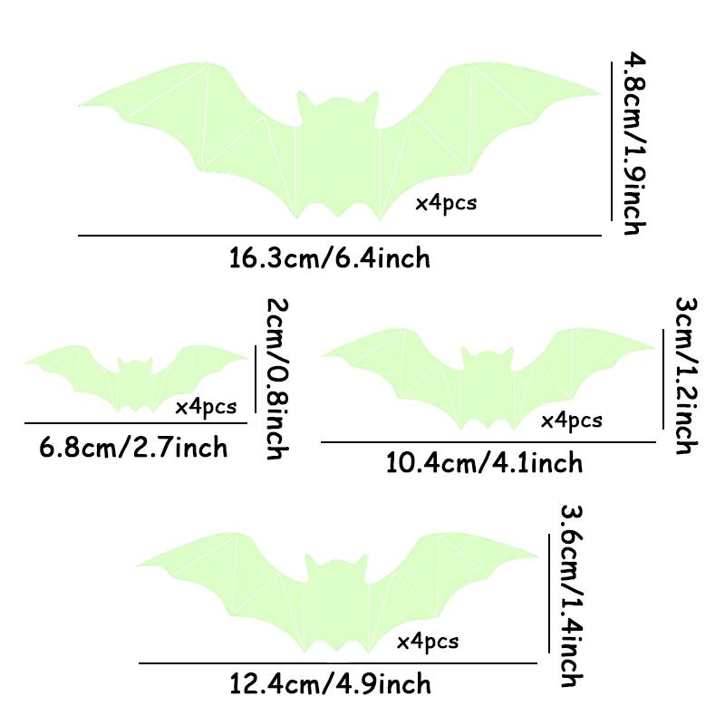 16pcs Glowing Bat Wall Sticker Reusable PVC 3D Bats Window Stickers Halloween Party Favors Home Self-Adhesive Party Supply