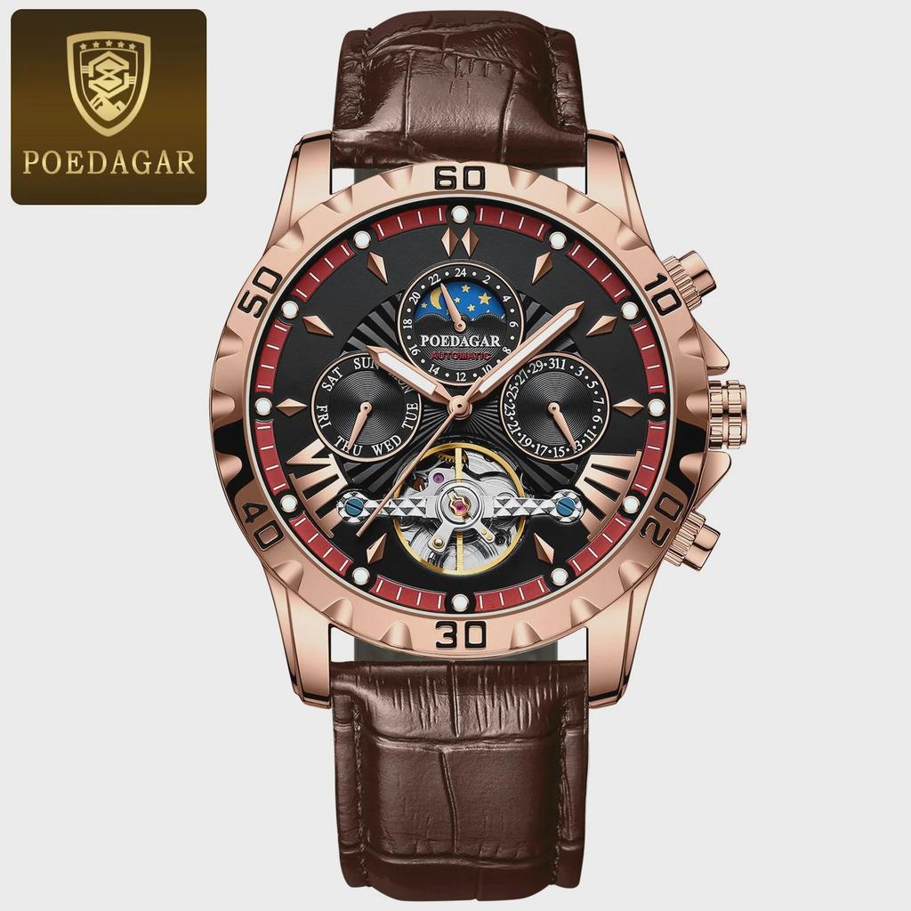 POEDAGAR Tourbillon Automatic Mechanical Wristwatch Waterproof Luminous Date Week Leather Men Watch