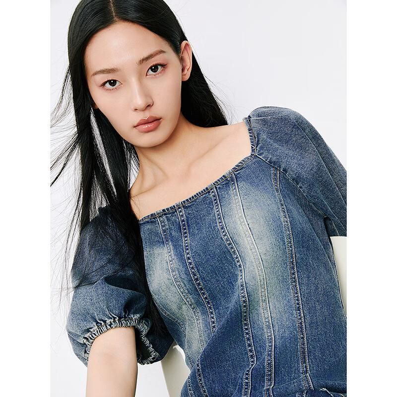 Peacebird Women's Square Neck Washed Denim Mini Dress