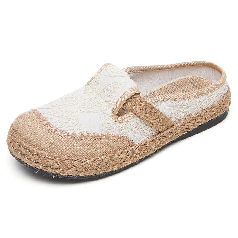 Módní nové 2024 módní etnický styl výšivky lněné prodyšné boty pro ženy venkovní ležérní dámské poloviční pantofle Zapatos De Mujer
