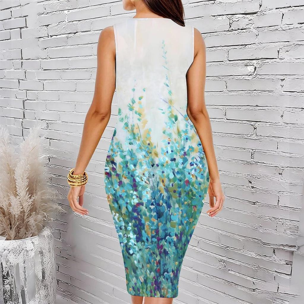 Women Plus Size Sleeveless Round Neck Midi Bodycon Dress Gradient Watercolor Wildflower Print Slim Fit Dress