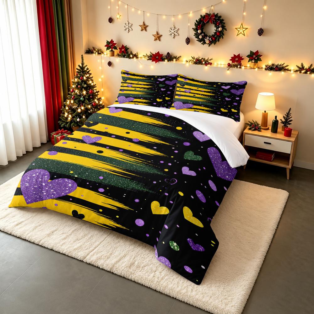3 Piece Bedding Set Purple Hearts Yellow Green Brush Stroke Stripes Glitter Abstract for Adult Room Home Decor