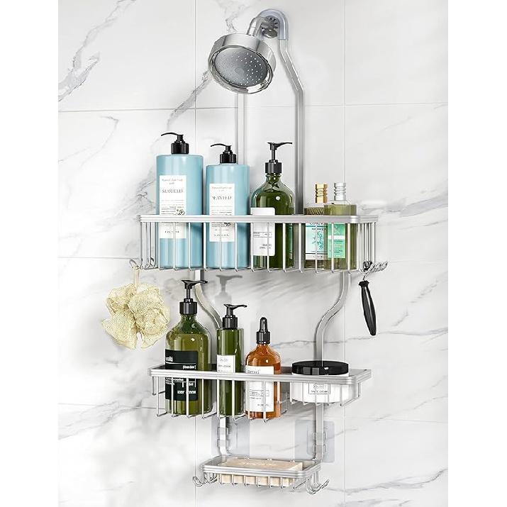 YASONIC Shower Caddy Hanging - Never Rust Shower Organizer - Aluminum Over The Head Caddy with 10 Hooks for Razor/Sponge - Rack with Soap Basket -