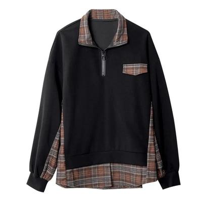 Luźna bluza z kapturem Oversize Streetwear z zamkiem na pół i kołnierzykiem polo Eleganckie topy z długim rękawem Damskie Koreańska moda Sweter w kratę Patchwork