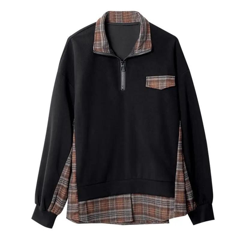 Lässiger Streetwear Oversize Hoodie Halber Reißverschluss Polokragen Schicke Langarm-Oberteile Damen Koreanische Mode Karomuster Patchwork Sweatshirt