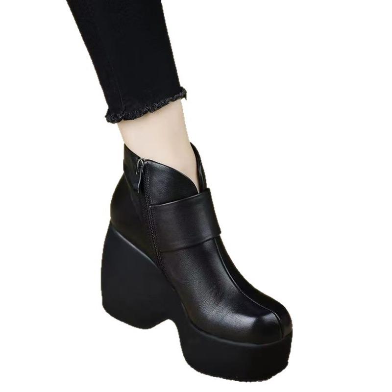 Women'S Ankle Boots Autumn Vintage Fashion Height Increase Platform Short Boots Outdoor Non Slip Wear-Resistant Wedge Shoes