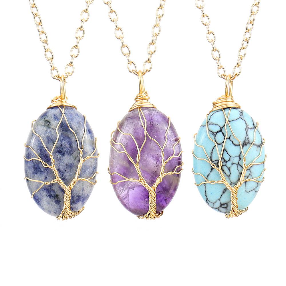 Silk Natural Crystal Rough Stone Egg-Shaped Gold Winding Tree Of Life Pendant Necklace N644