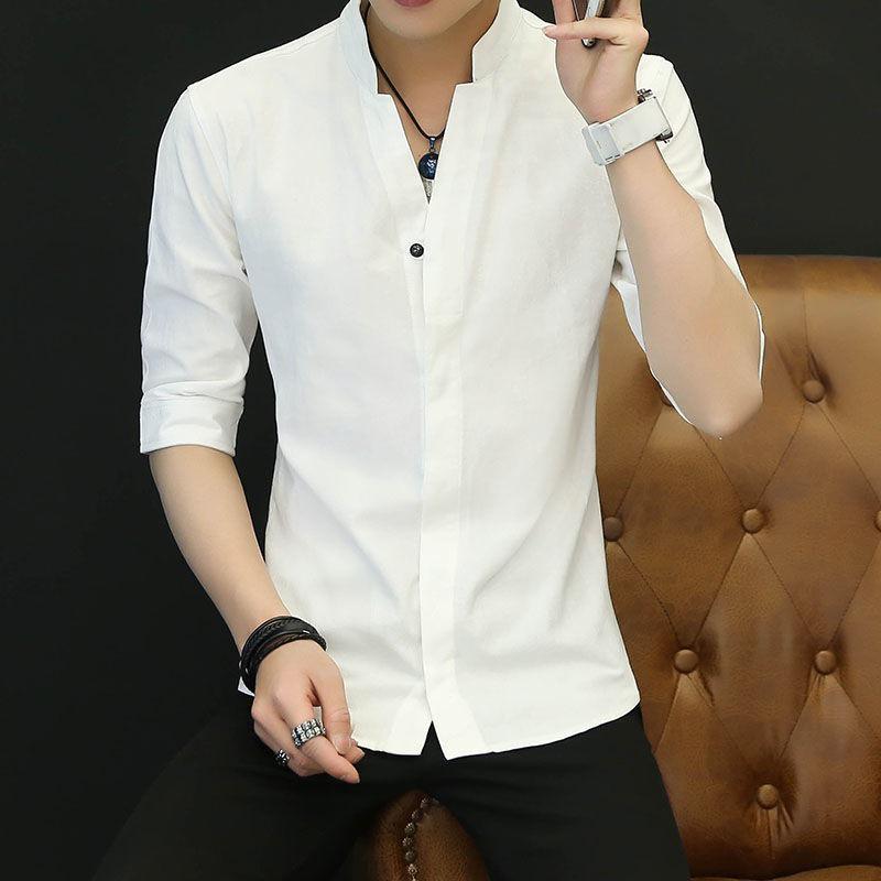 Men's Slim Fit Stand-up Collar Shirt: Short & Long-Sleeved Korean Style for Spring/Autumn