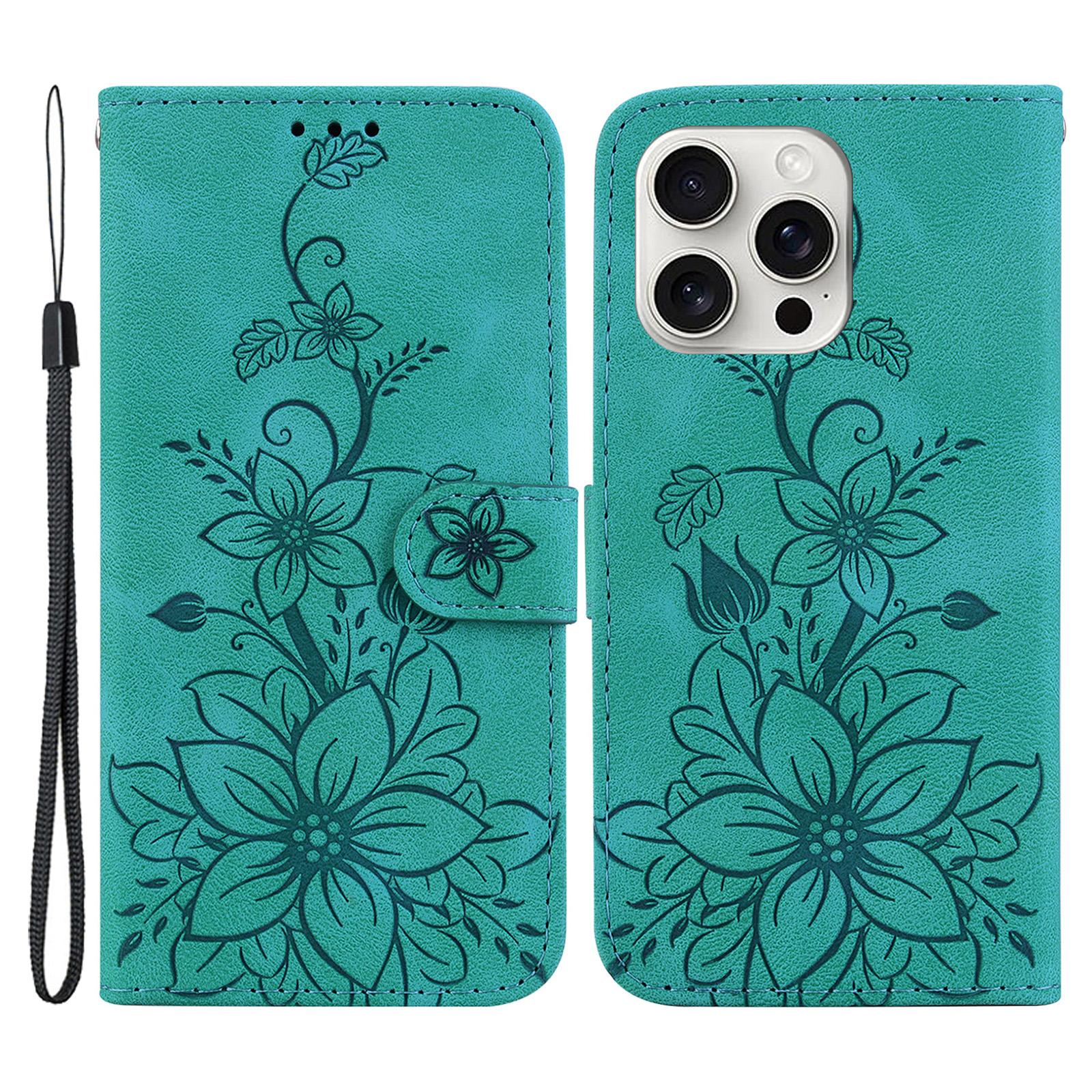 

For iPhone 16 Pro Max Wallet Case PU Leather Phone Cover Flower Imprinted Green
