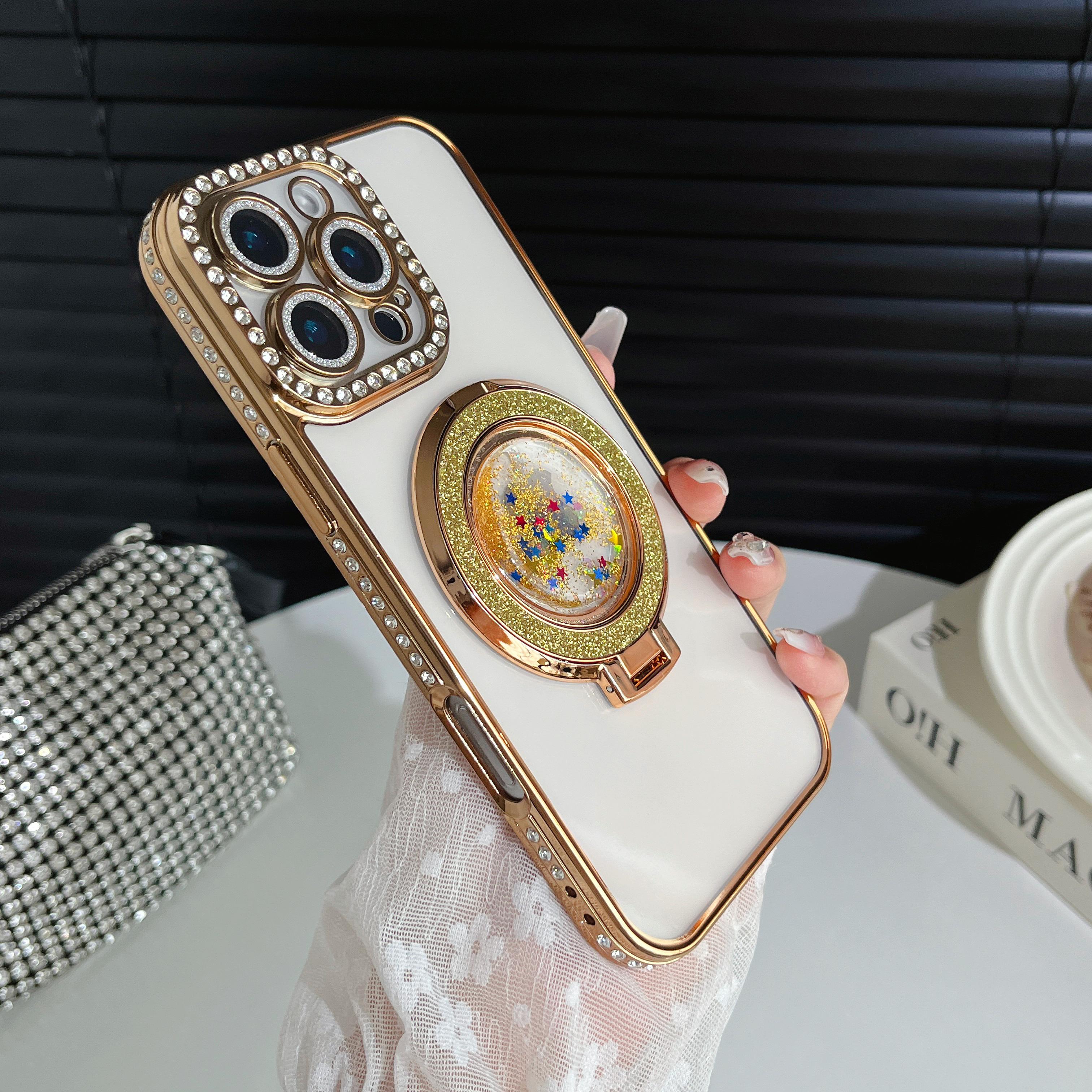

Quicksand Plating Glitter Diamond Camera Lens Protector Bumper Phone Case With Stand For iPhone 17 16 Pro Max Samsung S25 S24 Clear Protective Cover Samsung Galaxy S24 золотистый