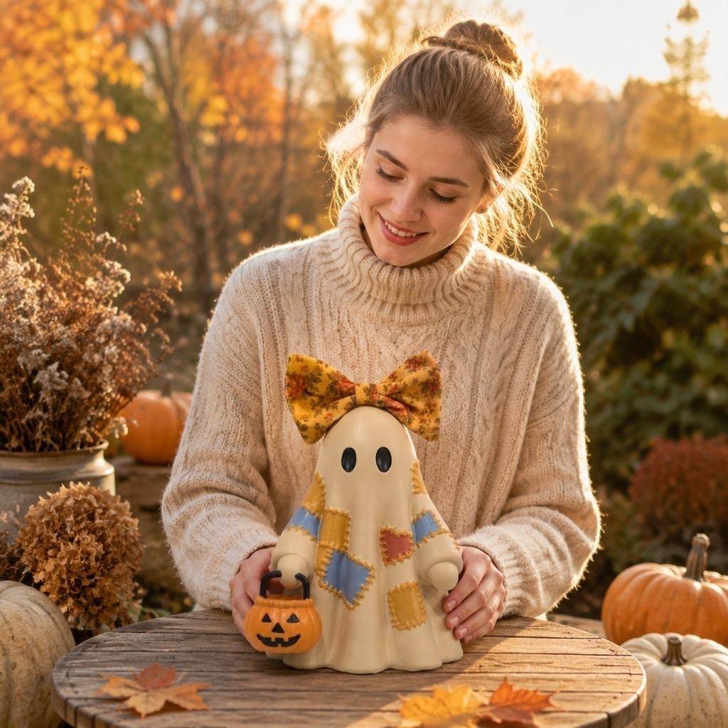 Resin Figure Halloween Decor - Tie Holding Pumpkin Statue for Desktop Shelf Decoration