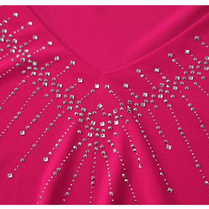 Sommer Kurzarm Damen T-Shirt Sexy V-Ausschnitt Glänzende Heiße Diamanten Oberteile Elegantes Mädchen Slim Mesh T-Shirts