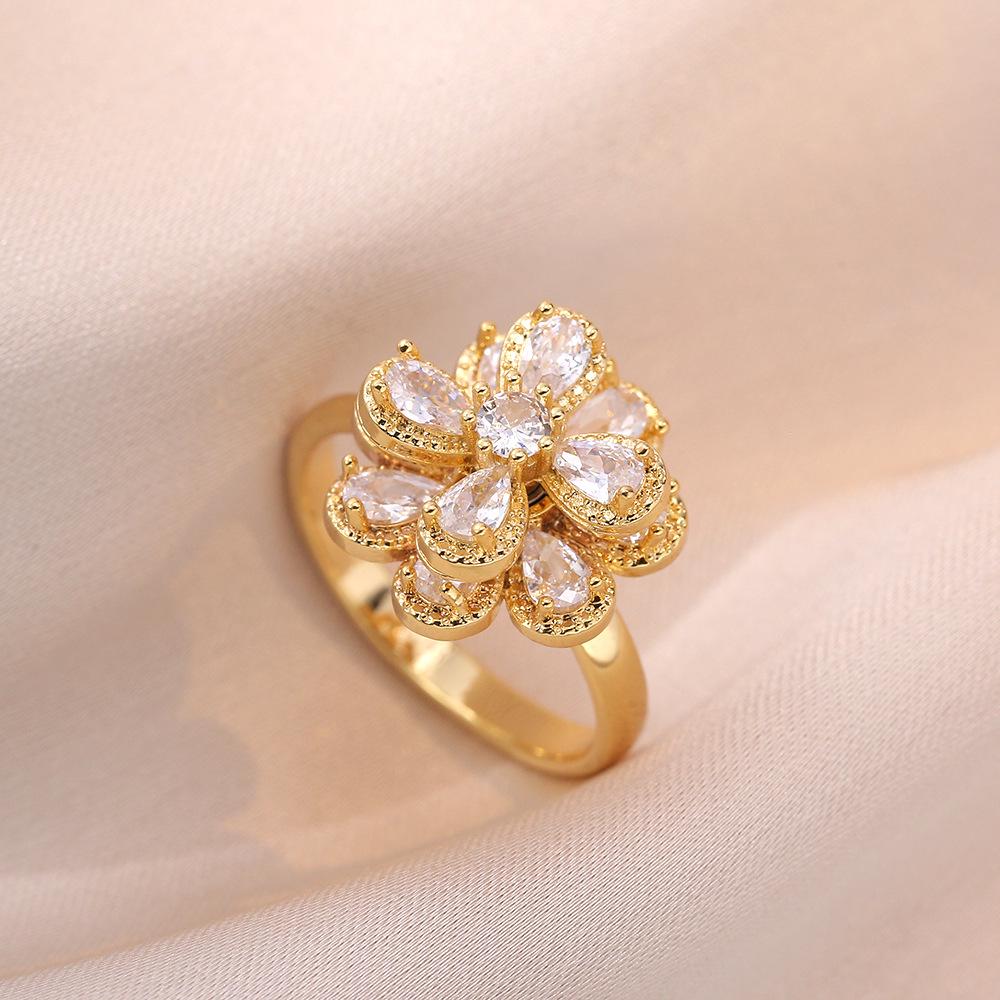 

Женский модный вращающийся двухслойный комплект ожерелья и кольца с цирконом в виде цветка, японско-корейский стиль, титановая сталь