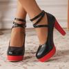 Schwarz Rot Damen High Heels Pumps Plateau Knöchelriemen Mary Jane Schuhe Mode Absatz Tanzparty Hochzeitsschuhe Weiblich Neu