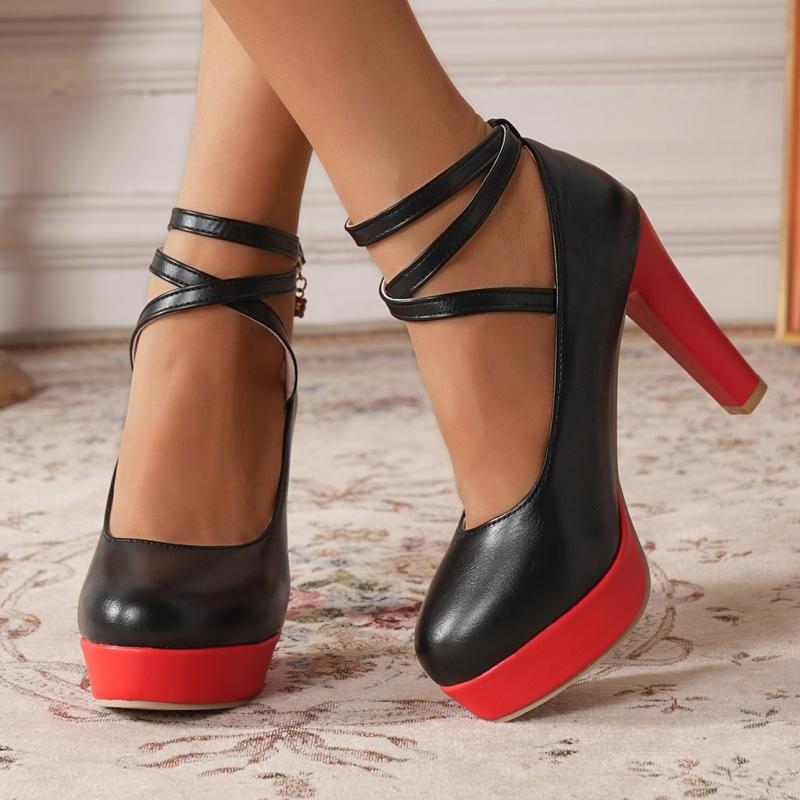 Schwarz Rot Damen High Heels Pumps Plateau Knöchelriemen Mary Jane Schuhe Mode Absatz Tanzparty Hochzeitsschuhe Weiblich Neu