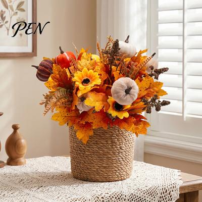 Artificial Fall Bouquet with Fabric Pumpkins Maple Leaves Wheat Berries, Fake Flowers And Autumn Home Decor for Thanksgiving Centerpieces, Seasonal
