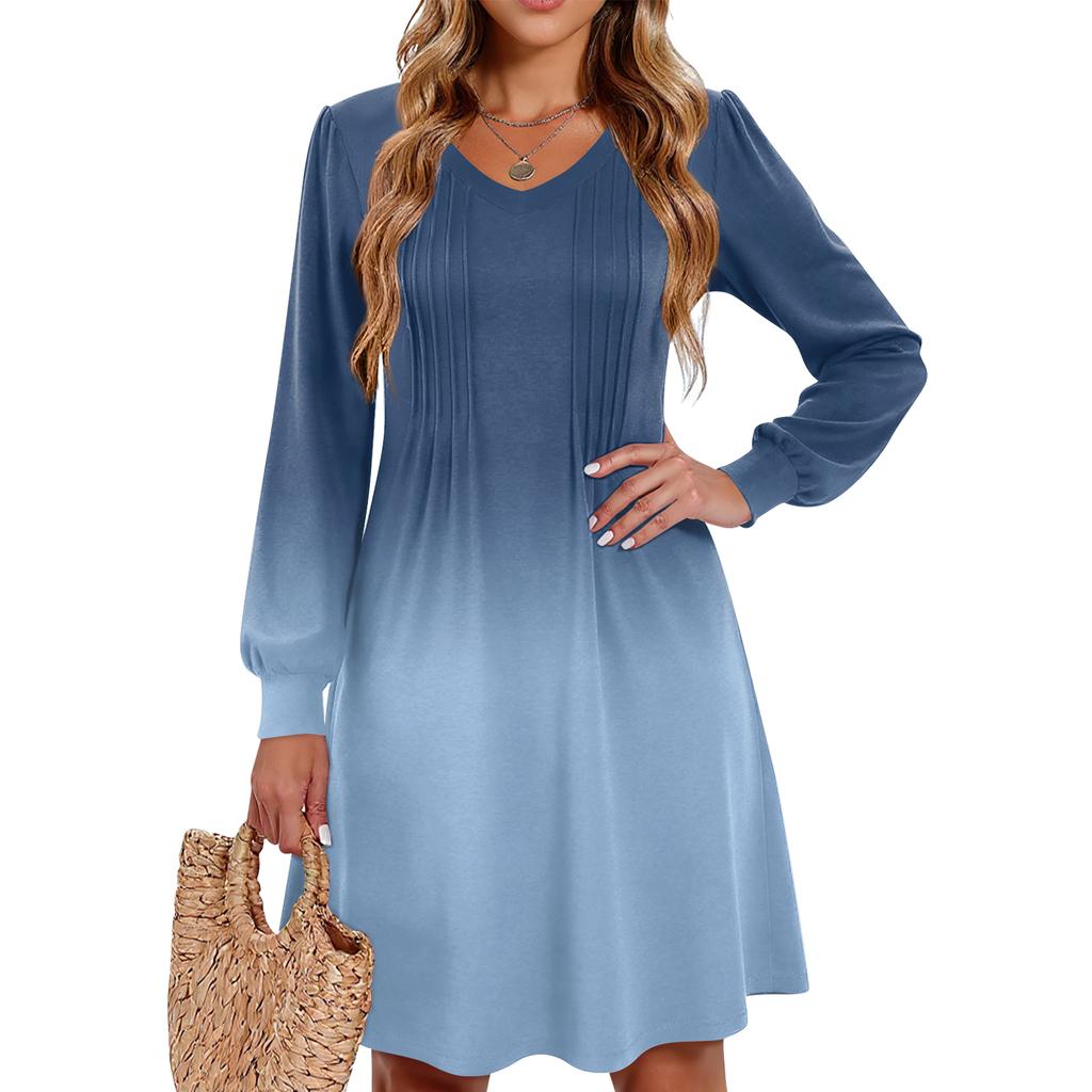 Ladies' Printed Casual And Fashionable V-neck Long Sleeved Mid Length Dress