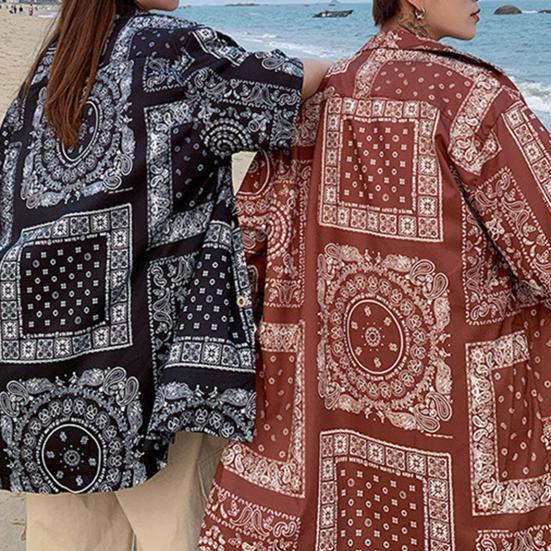 Women Shirt Lapel Short Sleeve Printing Shirt Tops Loose Fit Buttons Placket Casual Beach Vacation Tops