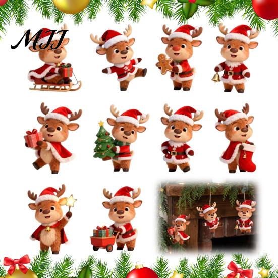 Xmas Holiday Party Supplies Christmas Elk Ornaments, 2D Flat Wooden Cute Reindeer Hanging Decoration, Cartoon Wood Deer Decorations Pendants with Hat