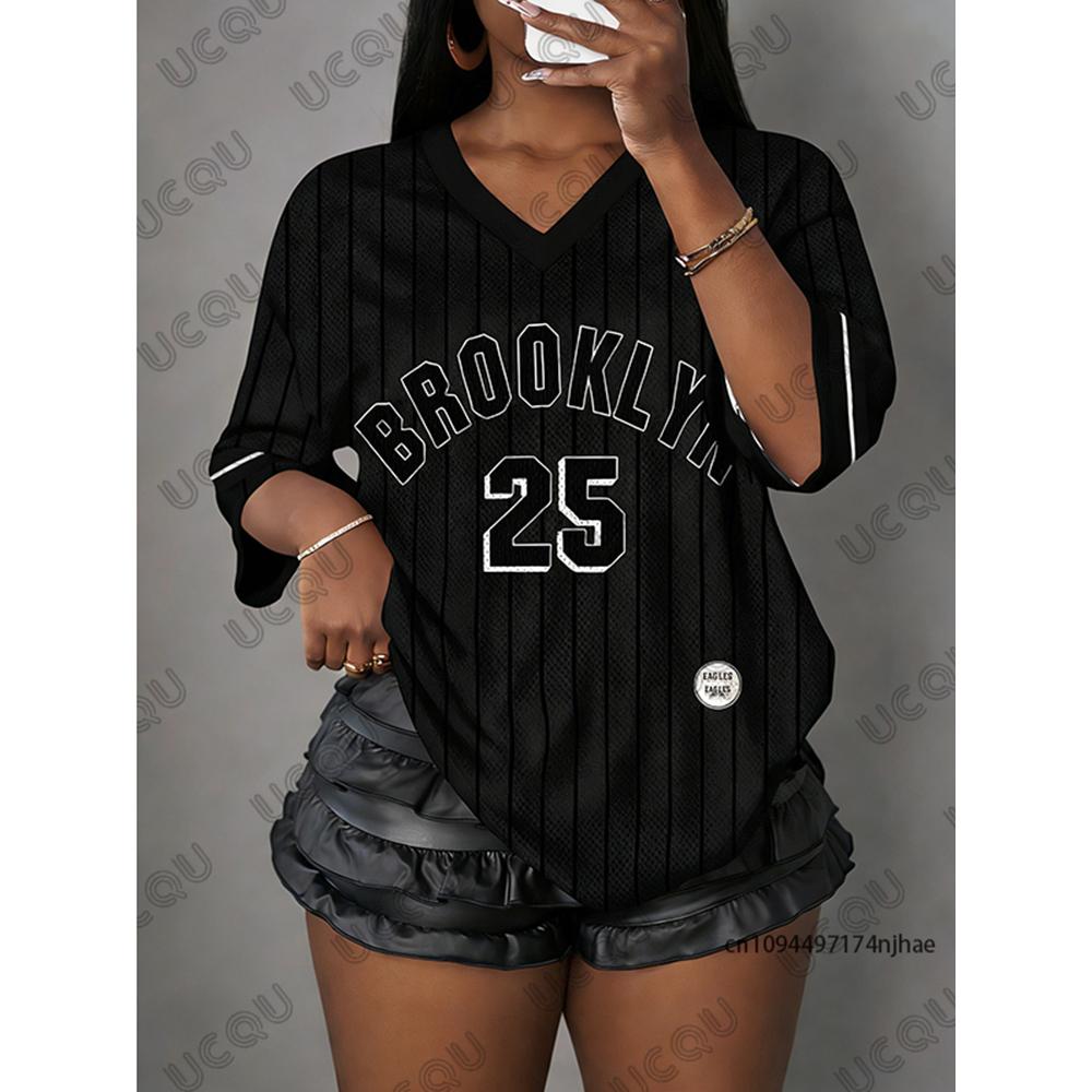 Oversized T Shirt For Women V-Neck Short Sleeve Summer Stripe Brooklyn No.25 Print Sports Tops Casual Football Jersey Y2k Tees