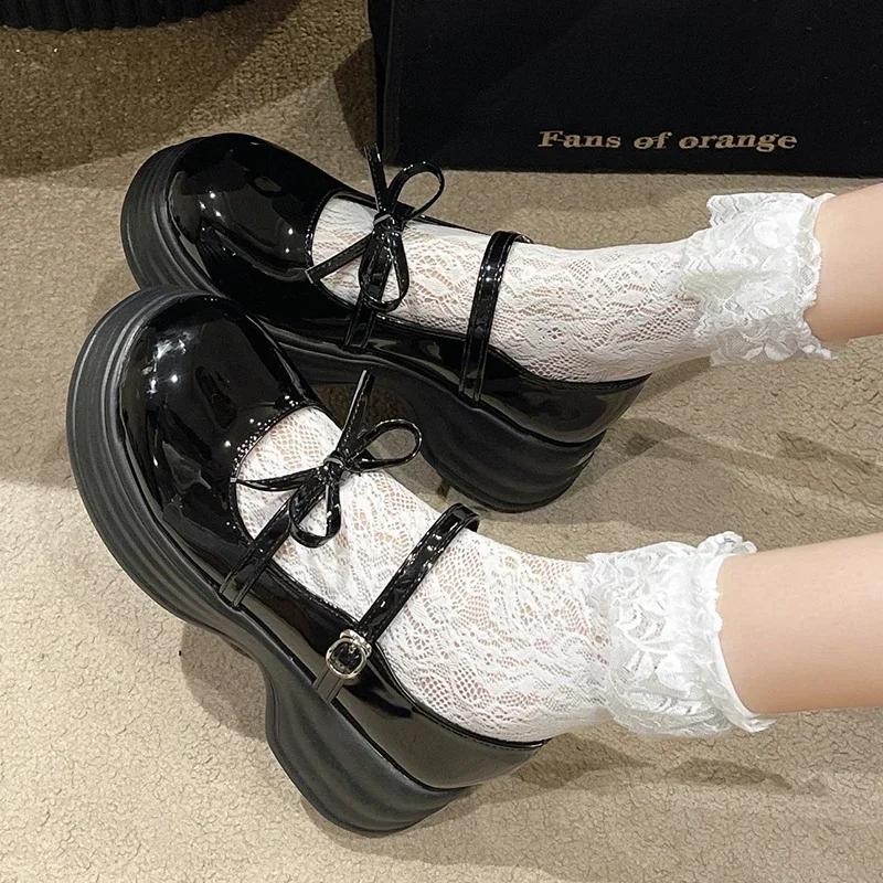 Fashion Black Chunky Platform Mary Jane Shoes for Women 2025 Spring Patent Leather Pumps Woman Thick Bottom Bowknot Lolita Shoes Ladies