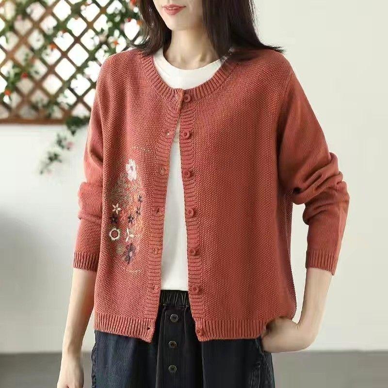 Sweater Knit Cardigan Women Loose Versatile Embroidery Round Neck Single-breasted Long-sleeved Sweater Coat