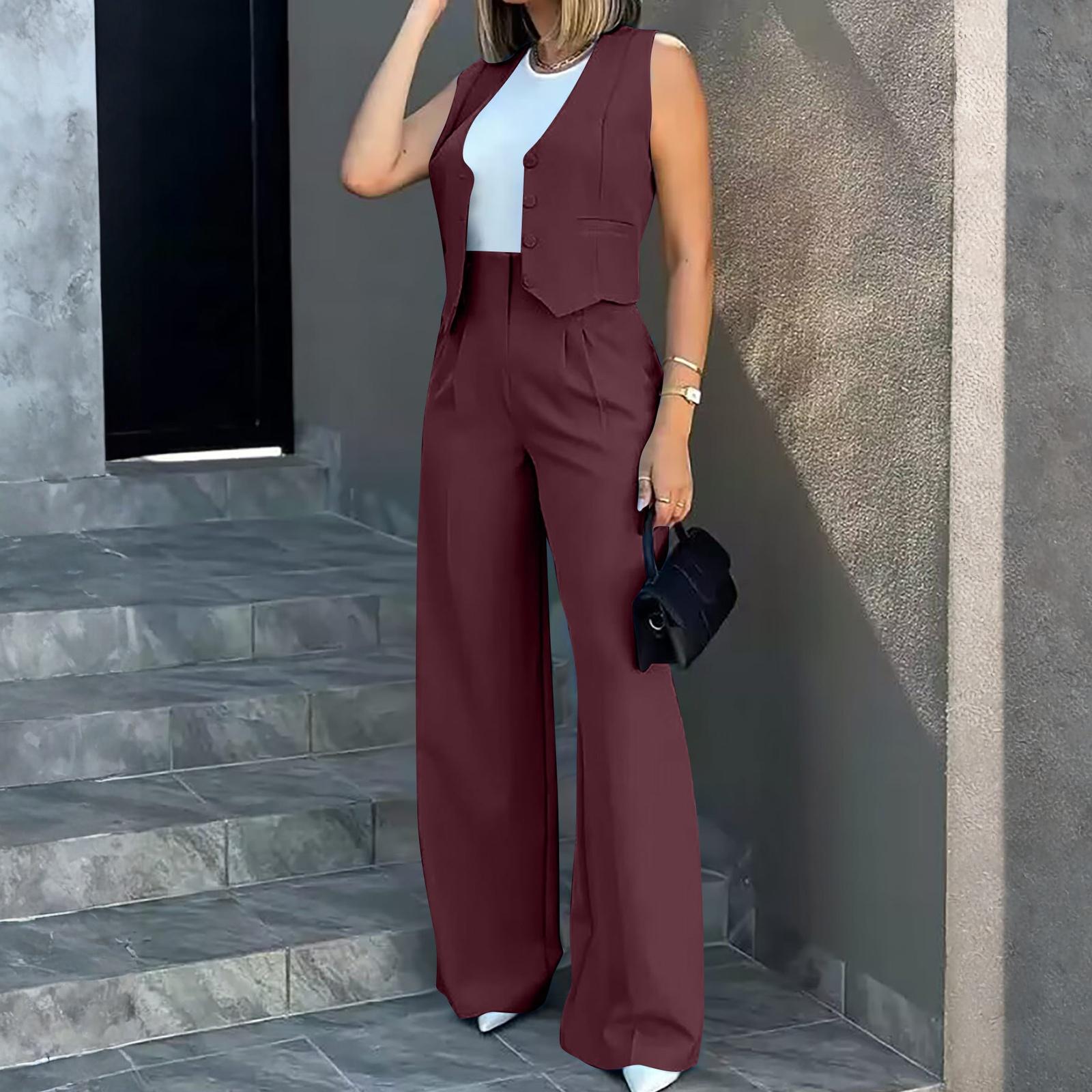 Women s Fashion Suit Vest and Wide Leg Pants Set Sleeveless Blazer Style Vest with High Waist Wide Leg Trousers Casual Two Piece Outfit S