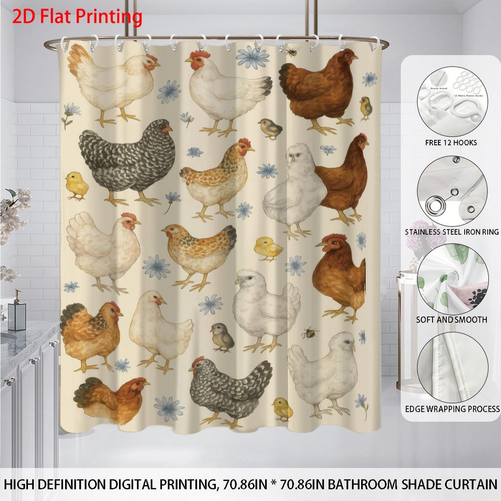 1pc Countryside Style Hen Print Waterproof Shower Curtain Bathroom Partition Privacy Multiple Sizes 12 Hooks Easy To Install