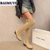 Women Pointed Toe Knee High Boots Winter Suede Chunky Chelsea Shoes Woman 2025 New Warm Snow Boots Short Plush Zapatillas Mujer