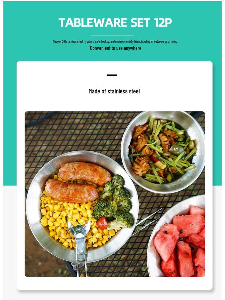 12-Piece Outdoor Tableware Set: Portable Camping Dinner Plates and Small Bowls for BBQ, Self-Driving Tours, and Home Use.